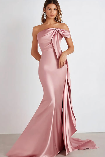 Rosa Satin Slida Plisserad Axelbandslös Formell Klänning
